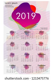 Calendar design for 2019 with fluid background . Set of 12 calendar pages vector design print template.