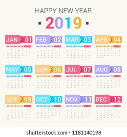 Calendar design for 2019. Set of 12 months on bright background. Week starts on monday. Vector design print template.