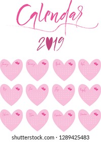 Calendar design for 2019. Simple background, pink design. The week starts on Monday. Set of 12 months
