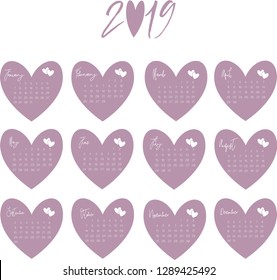 Calendar design for 2019. Simple background, pink design. The week starts on Monday. Set of 12 months