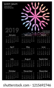 Calendar design for 2019. Simple , black background, Set of 12 calendar pages vector design print template