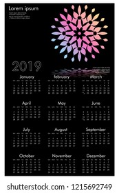 Calendar design for 2019. Simple , black background, Set of 12 calendar pages vector design print template