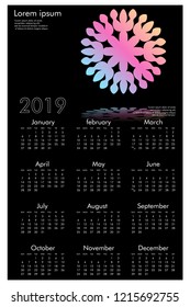 Calendar design for 2019. Simple , black background, Set of 12 calendar pages vector design print template