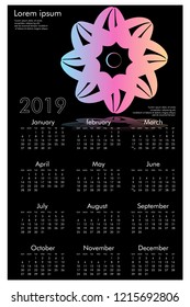 Calendar design for 2019. Simple , black background, Set of 12 calendar pages vector design print template