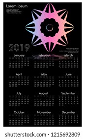 Calendar design for 2019. Simple , black background, Set of 12 calendar pages vector design print template