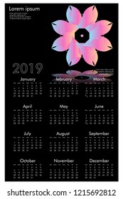 Calendar design for 2019. Simple , black background, Set of 12 calendar pages vector design print template
