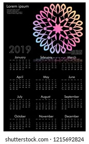 Calendar design for 2019. Simple , black background, Set of 12 calendar pages vector design print template