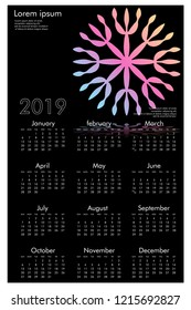 Calendar design for 2019. Simple , black background, Set of 12 calendar pages vector design print template