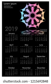 Calendar design for 2019. Simple , black background, Set of 12 calendar pages vector design print template