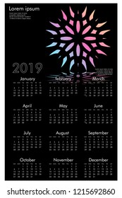 Calendar design for 2019. Simple , black background, Set of 12 calendar pages vector design print template