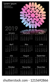 Calendar design for 2019. Simple , black background, Set of 12 calendar pages vector design print template