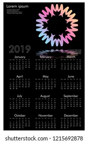 Calendar design for 2019. Simple , black background, Set of 12 calendar pages vector design print template