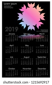 Calendar design for 2019. Simple , black background, Set of 12 calendar pages vector design print template