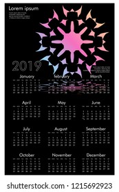 Calendar design for 2019. Simple , black background, Set of 12 calendar pages vector design print template