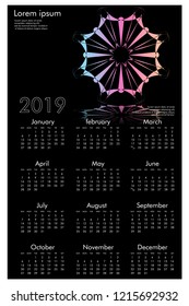 Calendar design for 2019. Simple , black background, Set of 12 calendar pages vector design print template
