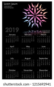 Calendar design for 2019. Simple , black background, Set of 12 calendar pages vector design print template