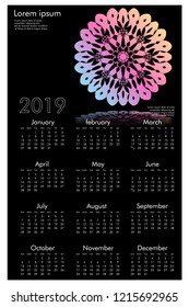 Calendar design for 2019. Simple , black background, Set of 12 calendar pages vector design print template