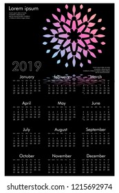 Calendar design for 2019. Simple , black background, Set of 12 calendar pages vector design print template