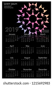 Calendar design for 2019. Simple , black background, Set of 12 calendar pages vector design print template