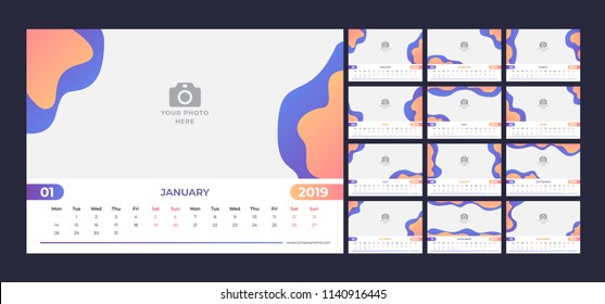 Calendar design for 2019. Simple blue and orange background. Week starts on Monday. Set of 12 calendar pages vector design print template with place for photo. 