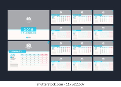 Calendar design for 2019. Simple blue color. Week starts on Monday. Set of 12 calendar pages vector design print template with place for photo. 