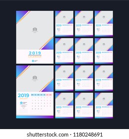 Calendar design for 2019. Simple blue with orange background. Week starts on Monday. Set of 12 calendar with cover pages. Vector design print template with place for photo. 