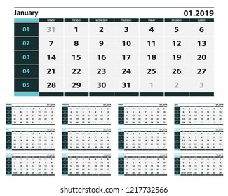 Calendar design for 2019. Simple blue and grey background. Week starts on Monday. Set of 12 calendar pages vector design print template