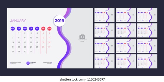 Calendar design for 2019. Simple purple background. Week starts on Monday. Set of 12 calendar pages. Vector design print template with place for photo. 