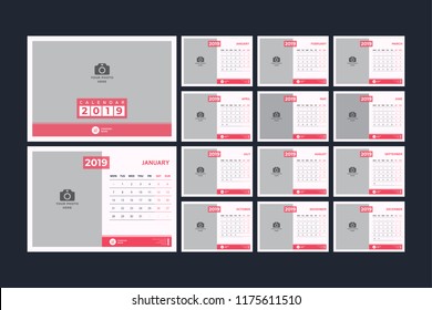 Calendar design for 2019. Simple red color. Week starts on Monday. Set of 12 calendar pages vector design print template with place for photo. 