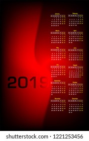 Calendar design for 2019. Simple red background. Week starts on Monday.