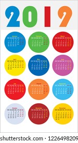 Calendar design for 2019. Simple red background. Week starts on Monday.