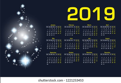 Calendar design for 2019. Simple stylized christmas tree. Week starts on Monday.