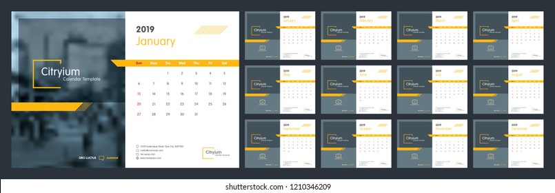 Calendar design for 2019. Week starts on Sun. Set of 12 calendar pages vector design print template with place for photo and company logo. Desk calendar template with white background.