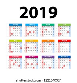 Calendar design for 2019. Week starts on sunday vector design print template art
