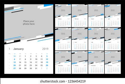 Calendar design for 2019. Week starts on Sunday. Set of 12 calendar pages vector design print template with place for photo.