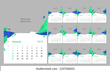 Calendar design for 2019. Week starts on Sunday. Set of 12 calendar pages vector design print template with place for photo.