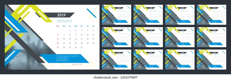 Calendar design for 2019. Week starts on Sun. Set of 12 calendar pages vector design print template with place for photo and company logo. Desk calendar template with white background.
