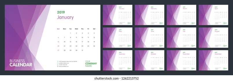 Calendar design for 2019. Week starts on Sun. Set of 12 calendar pages vector design print template with place for photo and company logo. Desk calendar template with white background.