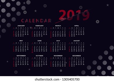 Calendar design for 2019. Week starts on Monday. Set of 12 calendar pages vector design print template with place for photo