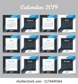 Calendar Design for 2019 Year. New Calendar Design Collection. Vector Design Print Template with Out Place for Photo.