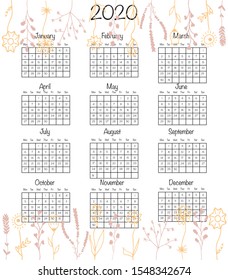 Calendar design for 2020 in minimal simple hand drawn floral style. Vector illustration print template isolated on white. Week starts from Monday