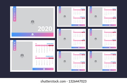 Calendar design for 2020. simple blue pink color. week starts on monday. set of 6 calendar with cover pages. vector design print template with place for photo. 
