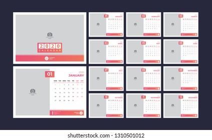 Calendar design for 2020. simple orange color. week starts on monday. set of 12 calendar pages with cover. vector design print template with place for photo. 