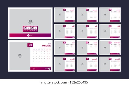 Diseño del calendario para 2020. simple color rojo. la semana empieza el lunes. conjunto de 12 páginas de calendario con portada. plantilla de impresión de diseño vectorial con lugar para foto. 