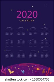 Calendar design for 2020. Simple red and purple background. night view. Week starts on Monday. Set of 12 calendar pages vector design print template. illustration of outer space