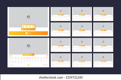 Calendar design for 2020. simple yellow color. week starts on monday. set of 12 calendar pages with cover. horizontal version. vector design print template with place for photo. 