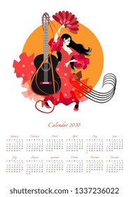 Calendar design for 2020 year with beautiful girl, dancing against sun background. Black guitar, treble clef and musical rulers in shape of vortex
