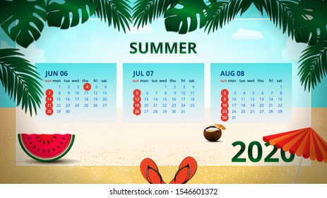 Calendar design 2020 year. Inspirational calendar for summer month. Cute Summer background, seasonal calendar June, July, August. Vector illustration template