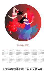 Calendar design for 2020 year with round image. Beautiful girls in long dresses dance flamenco. 