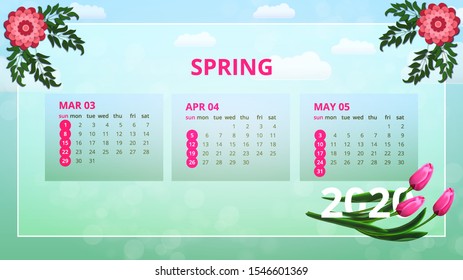 Calendar design for 2020 year. Spring background, seasonal card. March, April, May. Week Starts Sunday Vector illustration